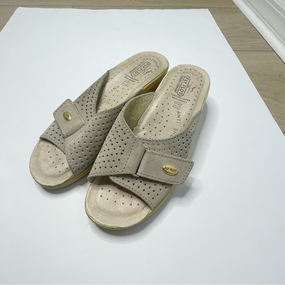 Fly Flot Grey Leather Italian Comfort Sandal Sz 39